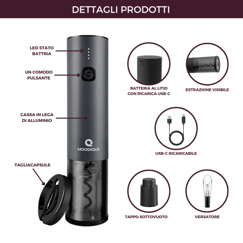 Cavatappi Elettrico per Vino Set Professionale con ricarica USB