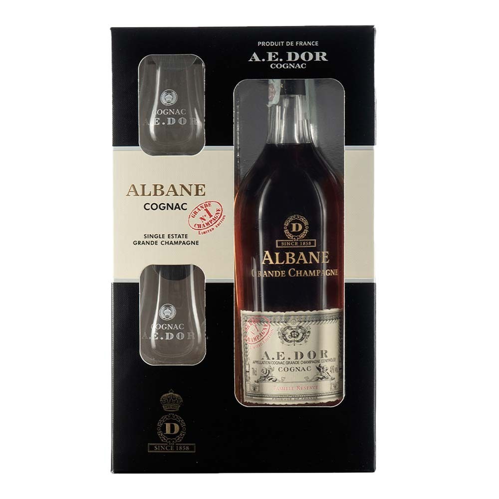 Cognac Albane Grande Champagne Special pack con due bicchieri Maison A.E. Dor 70cl